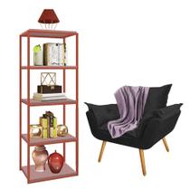 Kit Poltrona Fatte com Manta Soft Lilás e Estante Livreiro Ferro Bronze MDF Rose Suede Preto - Ahazzo Móveis