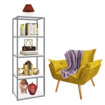 Kit Poltrona Fatte com Manta Soft Lilás e Estante Livreiro Ferro Cinza MDF Branco Suede Amarelo - Ahazzo Móveis