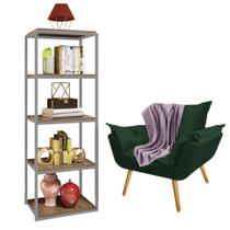 Kit Poltrona Fatte com Manta Soft Lilás e Estante Livreiro Ferro Cinza MDF Imbuia Suede Verde Musgo - Ahz Móveis