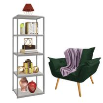 Kit Poltrona Fatte com Manta Soft Lilás e Estante Livreiro Ferro Cinza MDF Marmorizado Cinza Suede Verde Musgo - Ahazzo Móveis