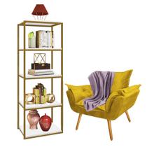 Kit Poltrona Fatte com Manta Soft Lilás e Estante Livreiro Ferro Dourado MDF Branco Suede Amarelo - Ahazzo Móveis