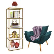 Kit Poltrona Fatte com Manta Soft Lilás e Estante Livreiro Ferro Dourado MDF Branco Suede Azul Turquesa - Ahazzo Móveis