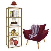 Kit Poltrona Fatte com Manta Soft Lilás e Estante Livreiro Ferro Dourado MDF Branco Suede Bordô - Ahz Móveis