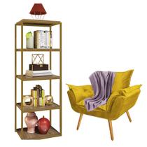 Kit Poltrona Fatte com Manta Soft Lilás e Estante Livreiro Ferro Dourado MDF Caramelo Suede Amarelo - Ahazzo Móveis