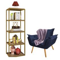 Kit Poltrona Fatte com Manta Soft Lilás e Estante Livreiro Ferro Dourado MDF Imbuia Suede Azul Marinho - Ahazzo Móveis