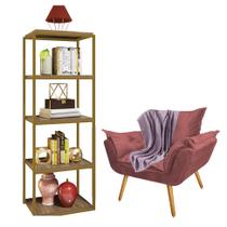 Kit Poltrona Fatte com Manta Soft Lilás e Estante Livreiro Ferro Dourado MDF Imbuia Suede Rose Gold - Ahz Móveis