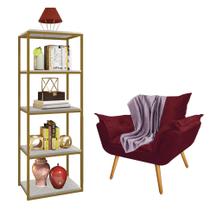 Kit Poltrona Fatte com Manta Soft Lilás e Estante Livreiro Ferro Dourado MDF Marmorizado Cinza Suede Bordô - Ahz Móveis