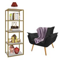 Kit Poltrona Fatte com Manta Soft Lilás e Estante Livreiro Ferro Dourado MDF Marmorizado Cinza Suede Preto - Ahz Móveis