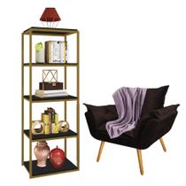 Kit Poltrona Fatte com Manta Soft Lilás e Estante Livreiro Ferro Dourado MDF Preto Suede Marrom - Ahazzo Móveis