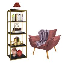 Kit Poltrona Fatte com Manta Soft Lilás e Estante Livreiro Ferro Dourado MDF Preto Suede Rose Gold - Ahz Móveis