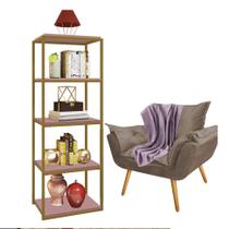 Kit Poltrona Fatte com Manta Soft Lilás e Estante Livreiro Ferro Dourado MDF Rose Suede Bege - Ahz Móveis