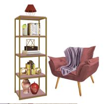 Kit Poltrona Fatte com Manta Soft Lilás e Estante Livreiro Ferro Dourado MDF Rose Suede Rose Gold - Ahazzo Móveis