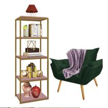 Kit Poltrona Fatte com Manta Soft Lilás e Estante Livreiro Ferro Dourado MDF Rose Suede Verde Musgo - Ahazzo Móveis