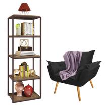 Kit Poltrona Fatte com Manta Soft Lilás e Estante Livreiro Ferro Marrom MDF Caramelo Suede Preto - Ahazzo Móveis