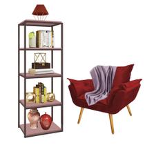 Kit Poltrona Fatte com Manta Soft Lilás e Estante Livreiro Ferro Marrom MDF Rose Suede Vermelho - Ahazzo Móveis