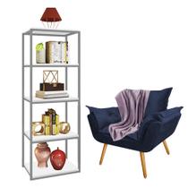 Kit Poltrona Fatte com Manta Soft Lilás e Estante Livreiro Ferro Prata MDF Branco Suede Azul Marinho - Ahz Móveis