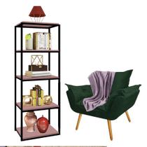 Kit Poltrona Fatte com Manta Soft Lilás e Estante Livreiro Ferro Preto MDF Rose Suede Verde Musgo - Ahz Móveis