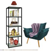 Kit Poltrona Fatte com Manta Soft Lilás e Estante Livreiro Ferro Preto MDF Verde Oliva Suede Azul Turquesa - Ahz Móveis