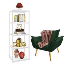 Kit Poltrona Fatte com Manta Soft Salmão e Estante Livreiro Ferro Branco MDF Branco Suede Verde Musgo - Ahazzo Móveis