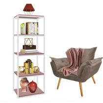 Kit Poltrona Fatte com Manta Soft Salmão e Estante Livreiro Ferro Branco MDF Rose Suede Bege - Ahazzo Móveis