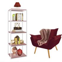 Kit Poltrona Fatte com Manta Soft Salmão e Estante Livreiro Ferro Branco MDF Rose Suede Bordô - Ahz Móveis