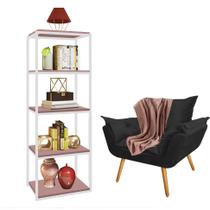 Kit Poltrona Fatte com Manta Soft Salmão e Estante Livreiro Ferro Branco MDF Rose Suede Preto - Ahazzo Móveis