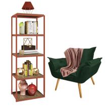 Kit Poltrona Fatte com Manta Soft Salmão e Estante Livreiro Ferro Bronze MDF Castanho Suede Verde Musgo - Ahazzo Móveis