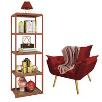 Kit Poltrona Fatte com Manta Soft Salmão e Estante Livreiro Ferro Bronze MDF Rústico Suede Vermelho - Ahazzo Móveis