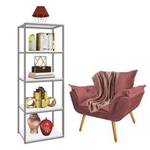 Kit Poltrona Fatte com Manta Soft Salmão e Estante Livreiro Ferro Cinza MDF Branco Suede Rose Gold - Ahazzo Móveis