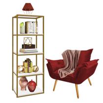 Kit Poltrona Fatte com Manta Soft Salmão e Estante Livreiro Ferro Dourado MDF Branco Suede Vermelho - Ahazzo Móveis