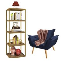 Kit Poltrona Fatte com Manta Soft Salmão e Estante Livreiro Ferro Dourado MDF Carvalho Suede Azul Marinho - Ahazzo Móveis