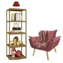 Kit Poltrona Fatte com Manta Soft Salmão e Estante Livreiro Ferro Dourado MDF Castanho Suede Rose Gold - Ahz Móveis