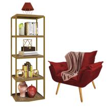 Kit Poltrona Fatte com Manta Soft Salmão e Estante Livreiro Ferro Dourado MDF Imbuia Suede Vermelho - Ahazzo Móveis