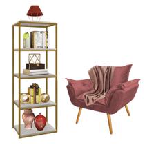 Kit Poltrona Fatte com Manta Soft Salmão e Estante Livreiro Ferro Dourado MDF Marmorizado Cinza Suede Rose Gold - Ahazzo Móveis