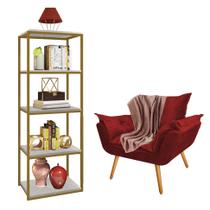 Kit Poltrona Fatte com Manta Soft Salmão e Estante Livreiro Ferro Dourado MDF Marmorizado Cinza Suede Vermelho - Ahazzo Móveis