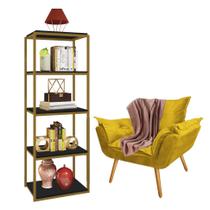 Kit Poltrona Fatte com Manta Soft Salmão e Estante Livreiro Ferro Dourado MDF Preto Suede Amarelo - Ahazzo Móveis