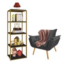 Kit Poltrona Fatte com Manta Soft Salmão e Estante Livreiro Ferro Dourado MDF Preto Suede Cinza - Ahazzo Móveis