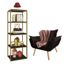 Kit Poltrona Fatte com Manta Soft Salmão e Estante Livreiro Ferro Dourado MDF Preto Suede Marrom - Ahazzo Móveis