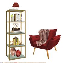 Kit Poltrona Fatte com Manta Soft Salmão e Estante Livreiro Ferro Dourado MDF Verde Oliva Suede Vermelho - Ahazzo Móveis