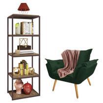 Kit Poltrona Fatte com Manta Soft Salmão e Estante Livreiro Ferro Marrom MDF Caramelo Suede Verde Musgo - Ahazzo Móveis