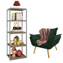 Kit Poltrona Fatte com Manta Soft Salmão e Estante Livreiro Ferro Prata MDF Imbuia Suede Verde Musgo - Ahz Móveis