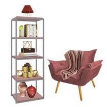 Kit Poltrona Fatte com Manta Soft Salmão e Estante Livreiro Ferro Prata MDF Rose Suede Rose Gold - Ahazzo Móveis