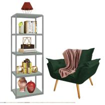 Kit Poltrona Fatte com Manta Soft Salmão e Estante Livreiro Ferro Prata MDF Verde Oliva Suede Verde Musgo - Ahz Móveis