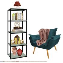 Kit Poltrona Fatte com Manta Soft Salmão e Estante Livreiro Ferro Preto MDF Verde Oliva Suede Azul Turquesa - Ahz Móveis