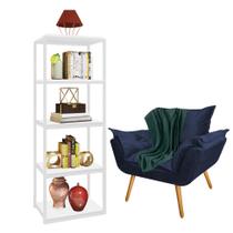 Kit Poltrona Fatte com Manta Soft Verde e Estante Livreiro Ferro Branco MDF Branco Suede Azul Marinho - Ahz Móveis