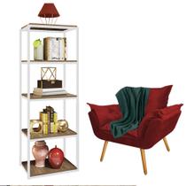 Kit Poltrona Fatte com Manta Soft Verde e Estante Livreiro Ferro Branco MDF Caramelo Suede Vermelho - Ahz Móveis