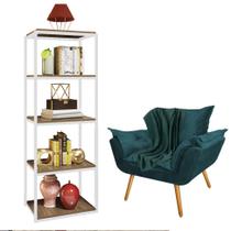 Kit Poltrona Fatte com Manta Soft Verde e Estante Livreiro Ferro Branco MDF Carvalho Suede Azul Turquesa - Ahz Móveis