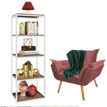 Kit Poltrona Fatte com Manta Soft Verde e Estante Livreiro Ferro Branco MDF Castanho Suede Rose Gold - Ahazzo Móveis