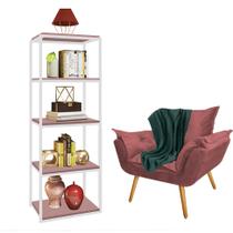 Kit Poltrona Fatte com Manta Soft Verde e Estante Livreiro Ferro Branco MDF Rose Suede Rose Gold - Ahz Móveis