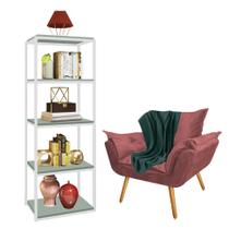 Kit Poltrona Fatte com Manta Soft Verde e Estante Livreiro Ferro Branco MDF Verde Oliva Suede Rose Gold - Ahazzo Móveis